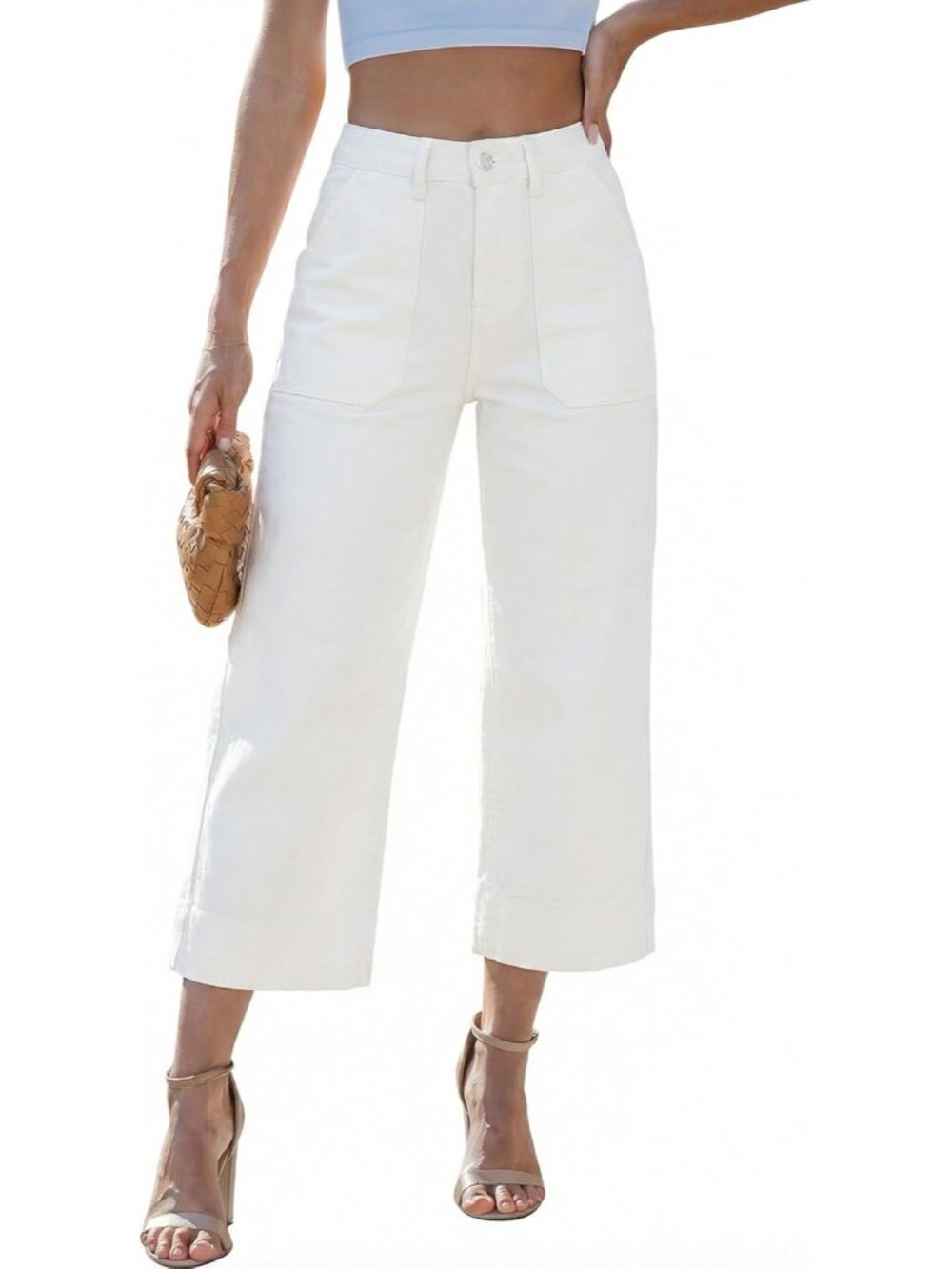Women's  Cream White Trendy High Waisted Baggy Straight Stretch Denim Wide Leg